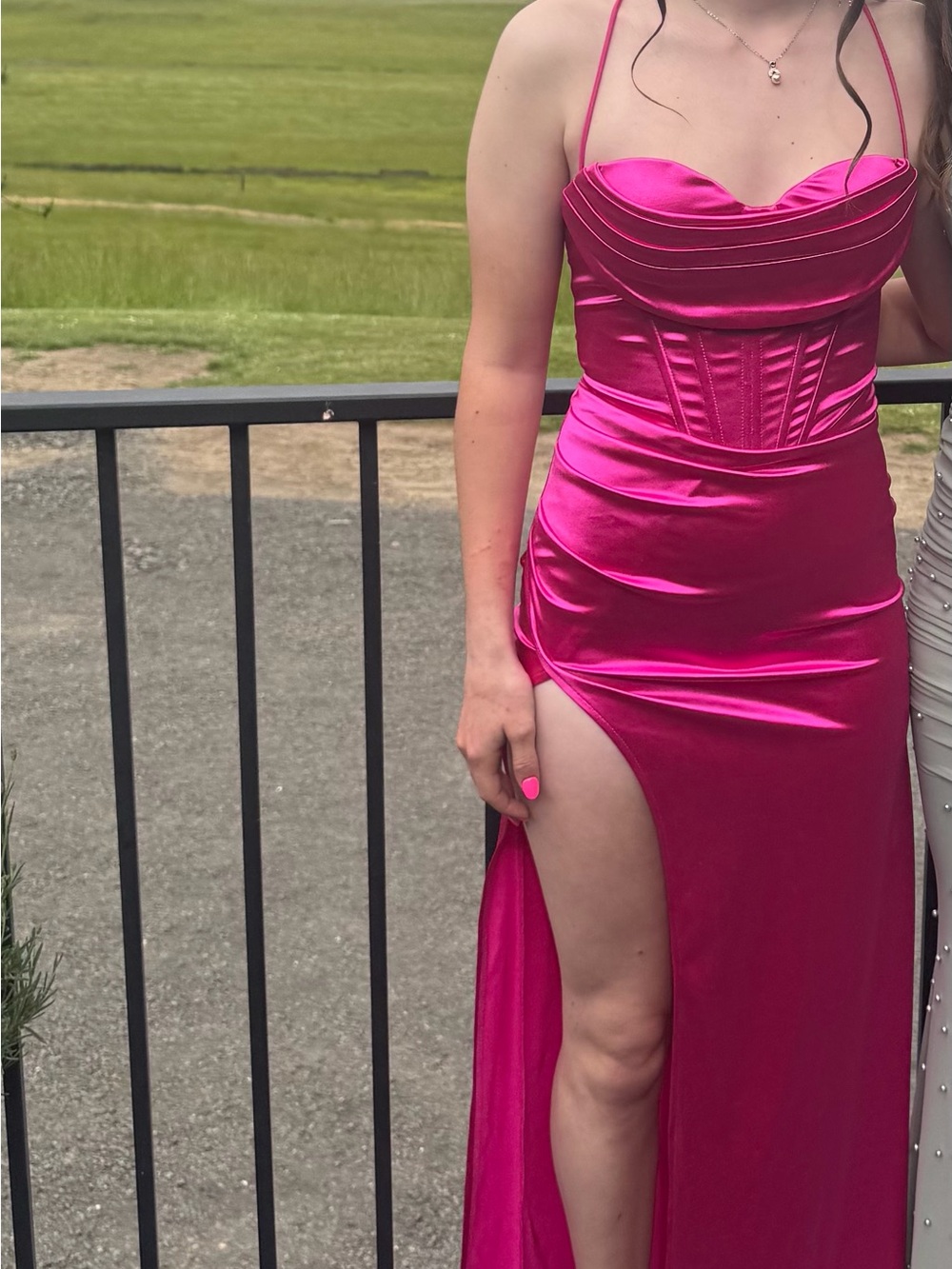 Strapless Fuchsia Satin Corset Prom Gown with High Slit